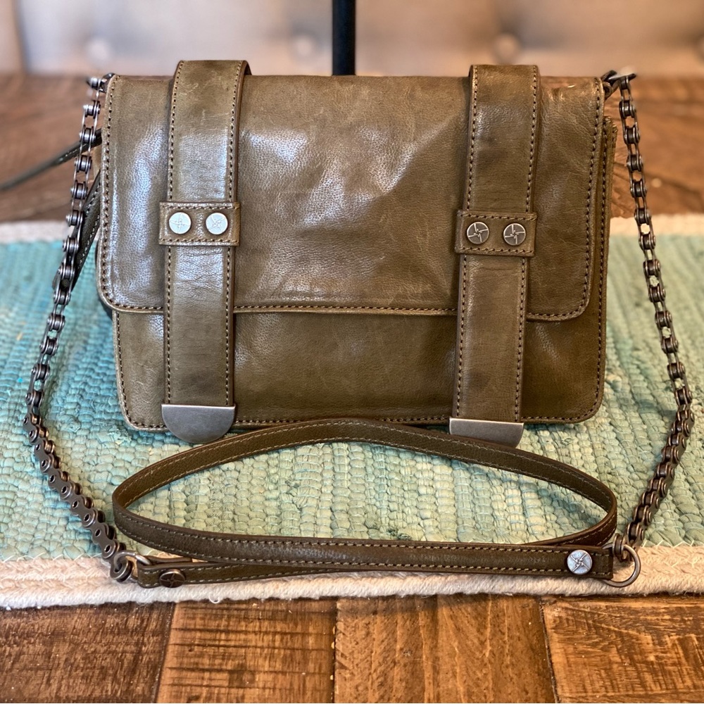 Beautiful and unique Nicole by Nicole Miller Olive Green Leather Crossbody Bag